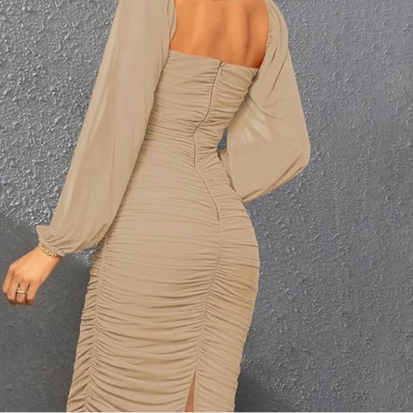 NWT MEROKETTY Long Puff Sleeve Ruched Bodycon Square Neck Mesh Midi Sz S Women - Picture 6 of 10